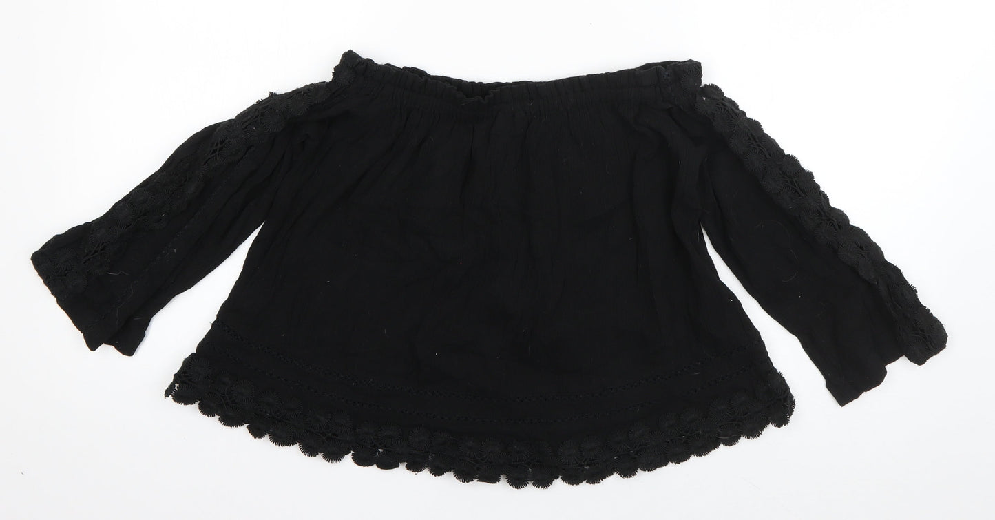 Topshop Womens Black  Cotton Basic Blouse Size 8 Off the Shoulder - Crochet detail