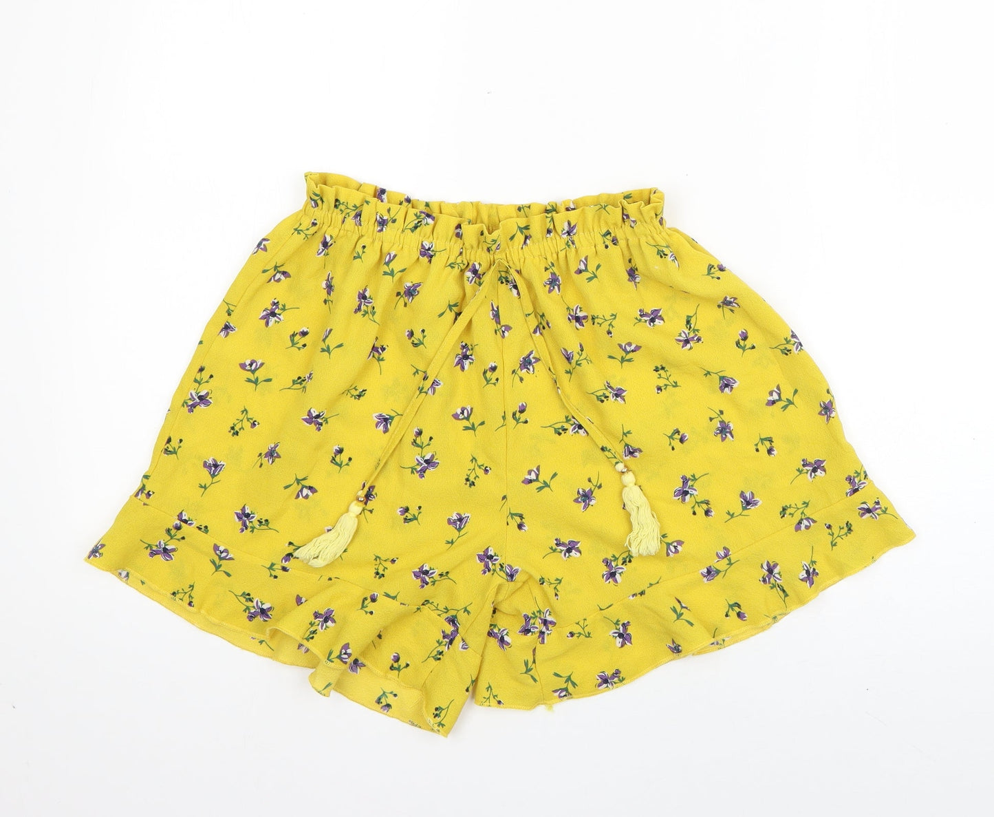 Preworn Womens Yellow Floral Polyester Paperbag Shorts Size 30 in L5 in Regular Pull On