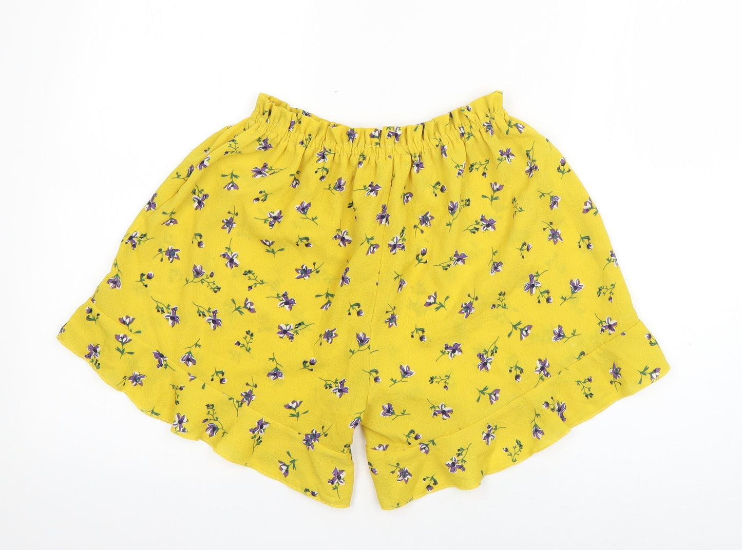Preworn Womens Yellow Floral Polyester Paperbag Shorts Size 30 in L5 in Regular Pull On