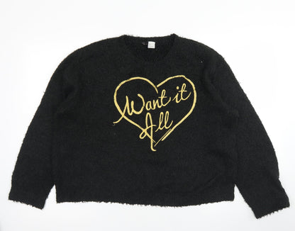 Divided Womens Black Crew Neck  Polyester Pullover Jumper Size S
