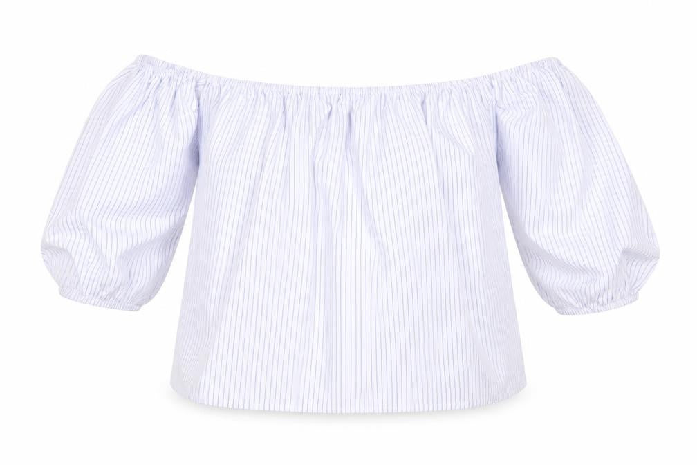 Quiz Womens White Striped Polyester Basic Blouse Size 10 Off the Shoulder