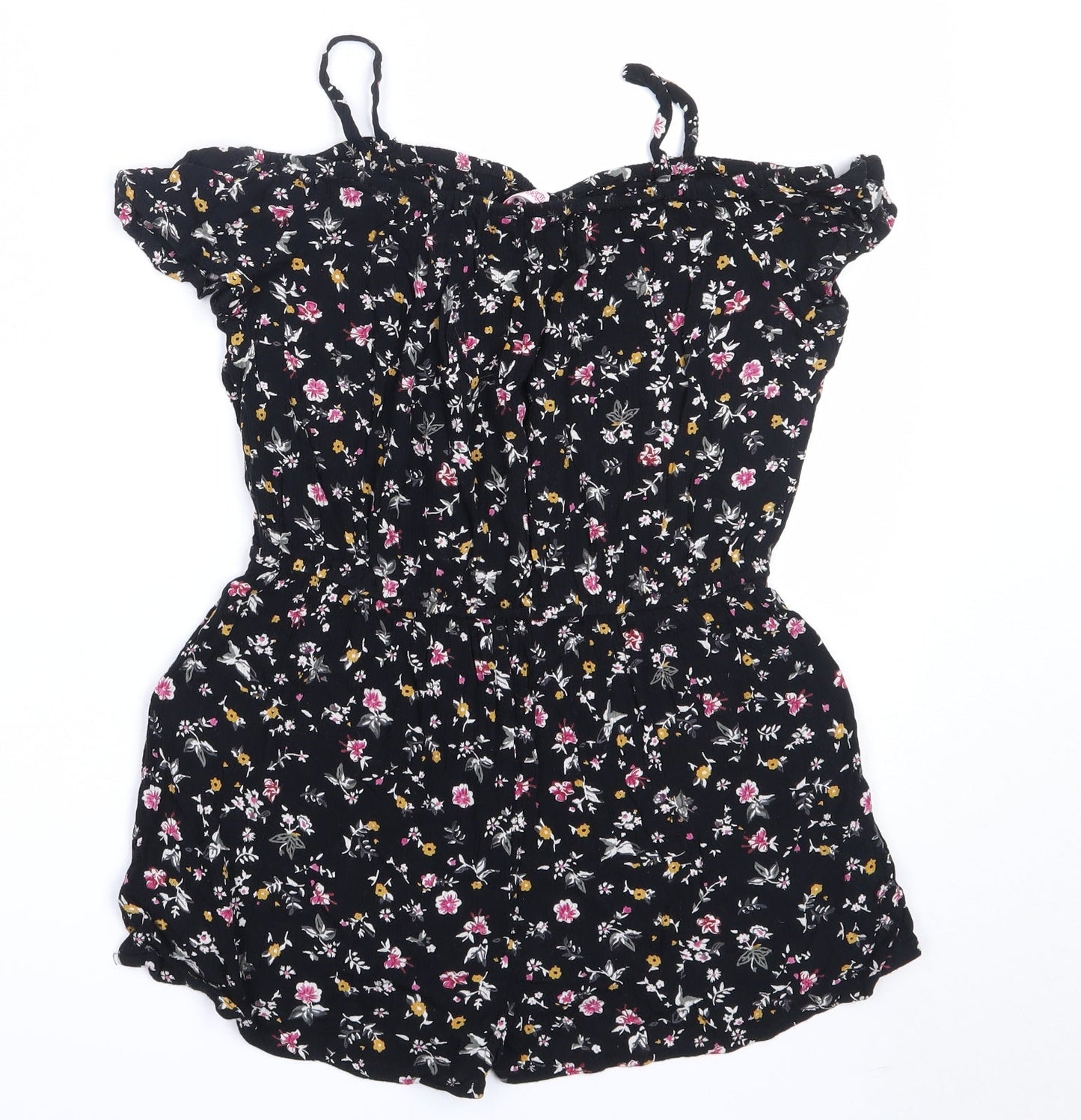 Miss Evie Girls Black Floral Viscose Playsuit One-Piece Size 12 Years