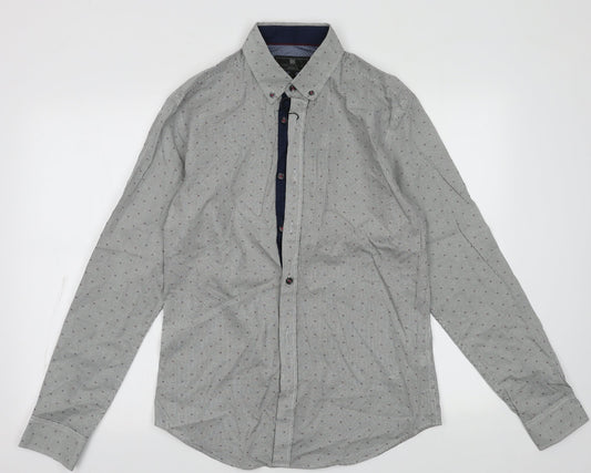 Marks and Spencer Mens Blue Geometric Cotton  Button-Up Size S Collared Button