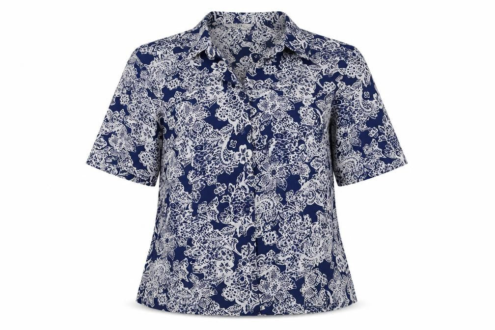 EWM Womens Blue Geometric Polyester Basic Button-Up Size 12 Collared
