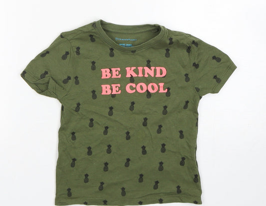 primarks  Girls Green Geometric Cotton Basic T-Shirt Size 2-3 Years Crew Neck Pullover - be kind be cool