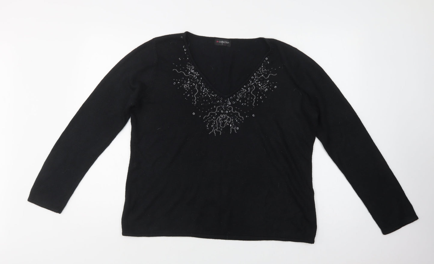 Bm Collection Womens Black V-Neck  Acrylic Pullover Jumper Size L