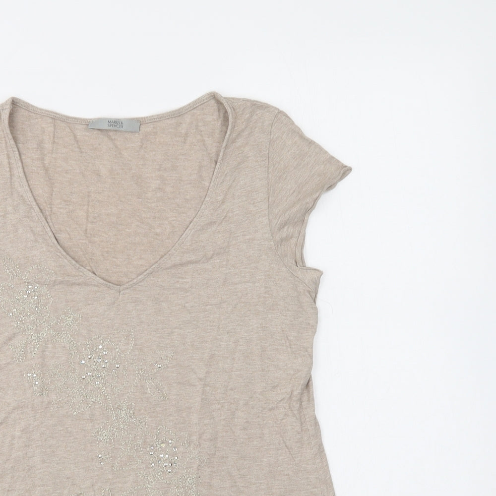 M&S Womens Beige  Cotton Basic Blouse Size 10 V-Neck