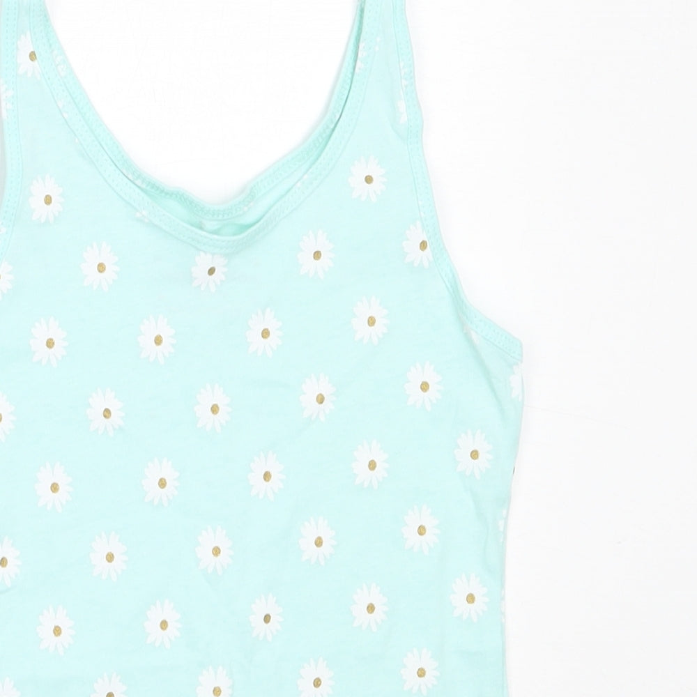 Primark Girls Blue Floral Cotton Basic Tank Size 5-6 Years Round Neck