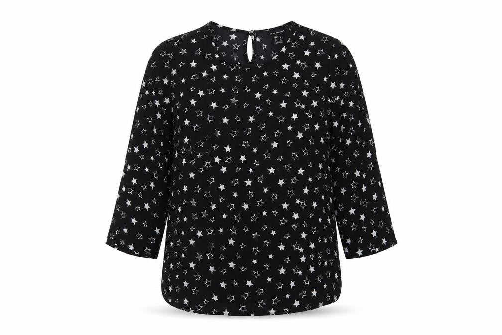 Primark Womens Black Geometric Polyester Basic Blouse Size 8 Round Neck - Star Print