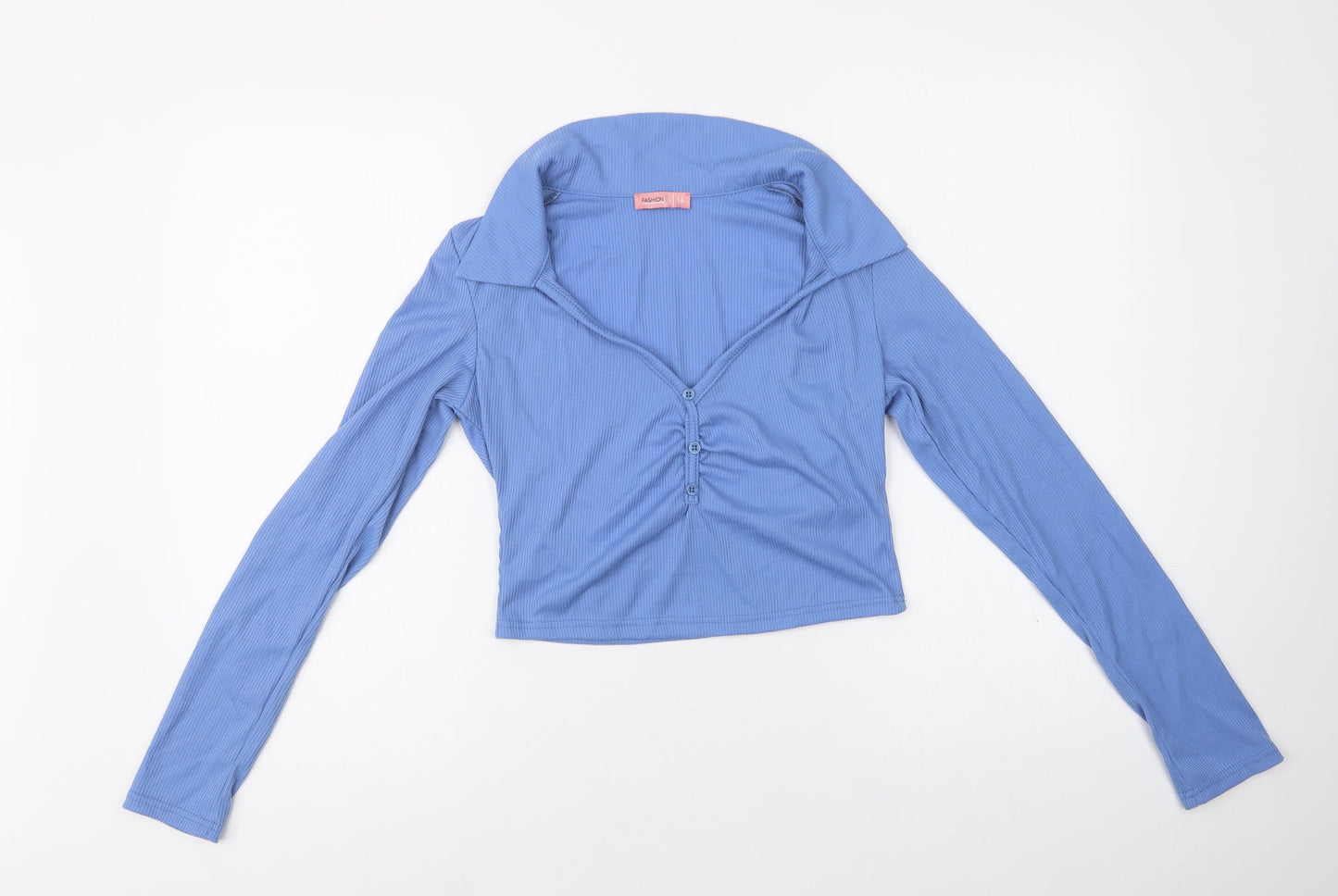 Fashion Us Womens Blue  Polyester Cropped Blouse Size 14 Collared