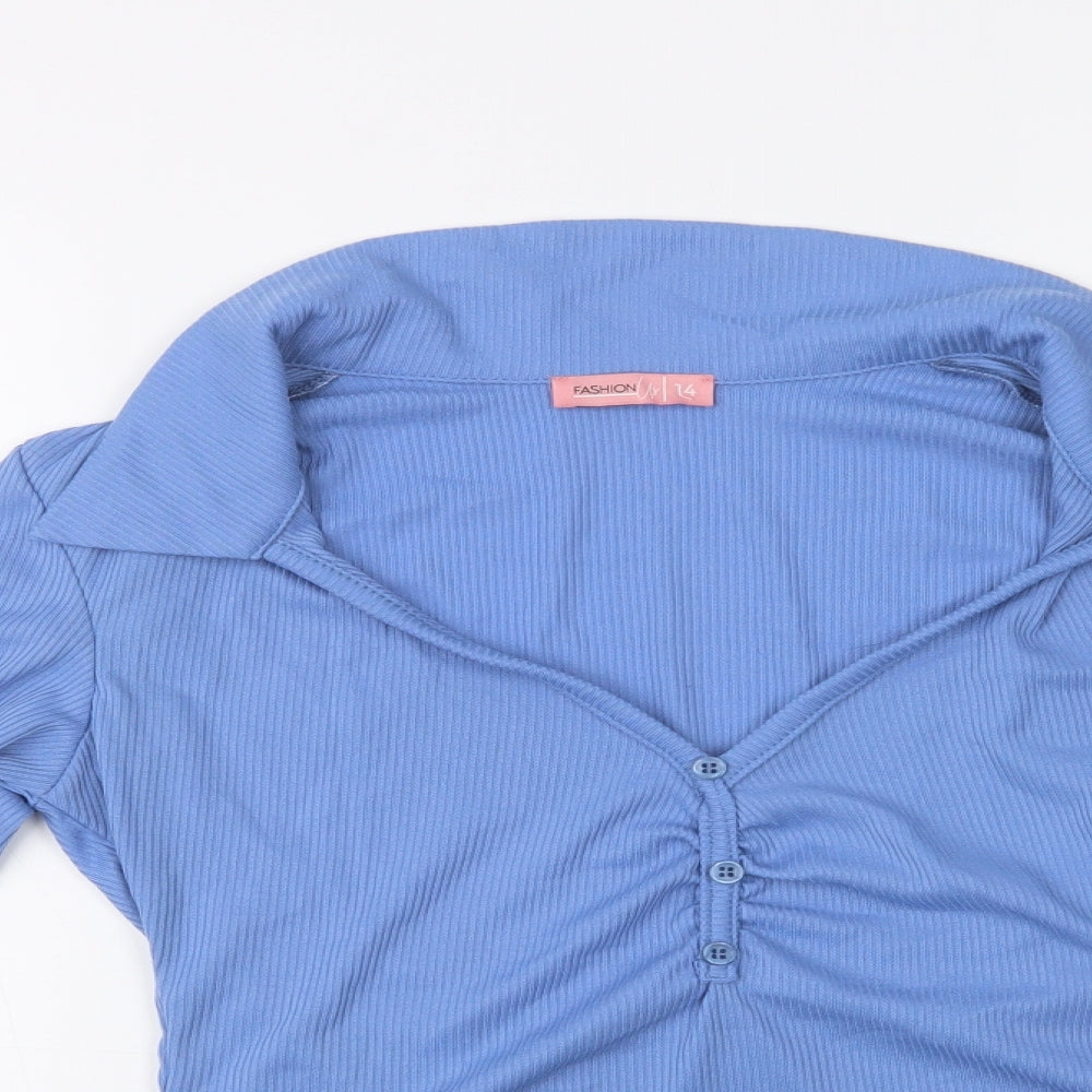 Fashion Us Womens Blue  Polyester Cropped Blouse Size 14 Collared