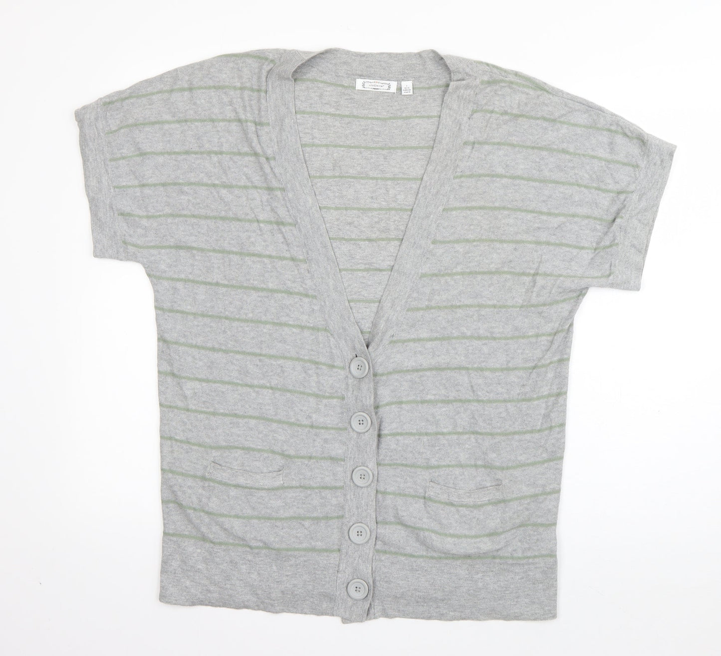 Aphorism Womens Grey V-Neck Striped Cotton Cardigan Jumper Size 14