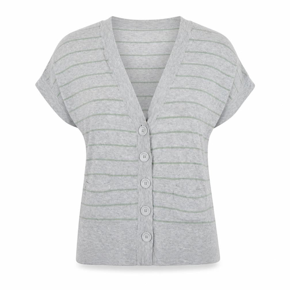 Aphorism Womens Grey V-Neck Striped Cotton Cardigan Jumper Size 14