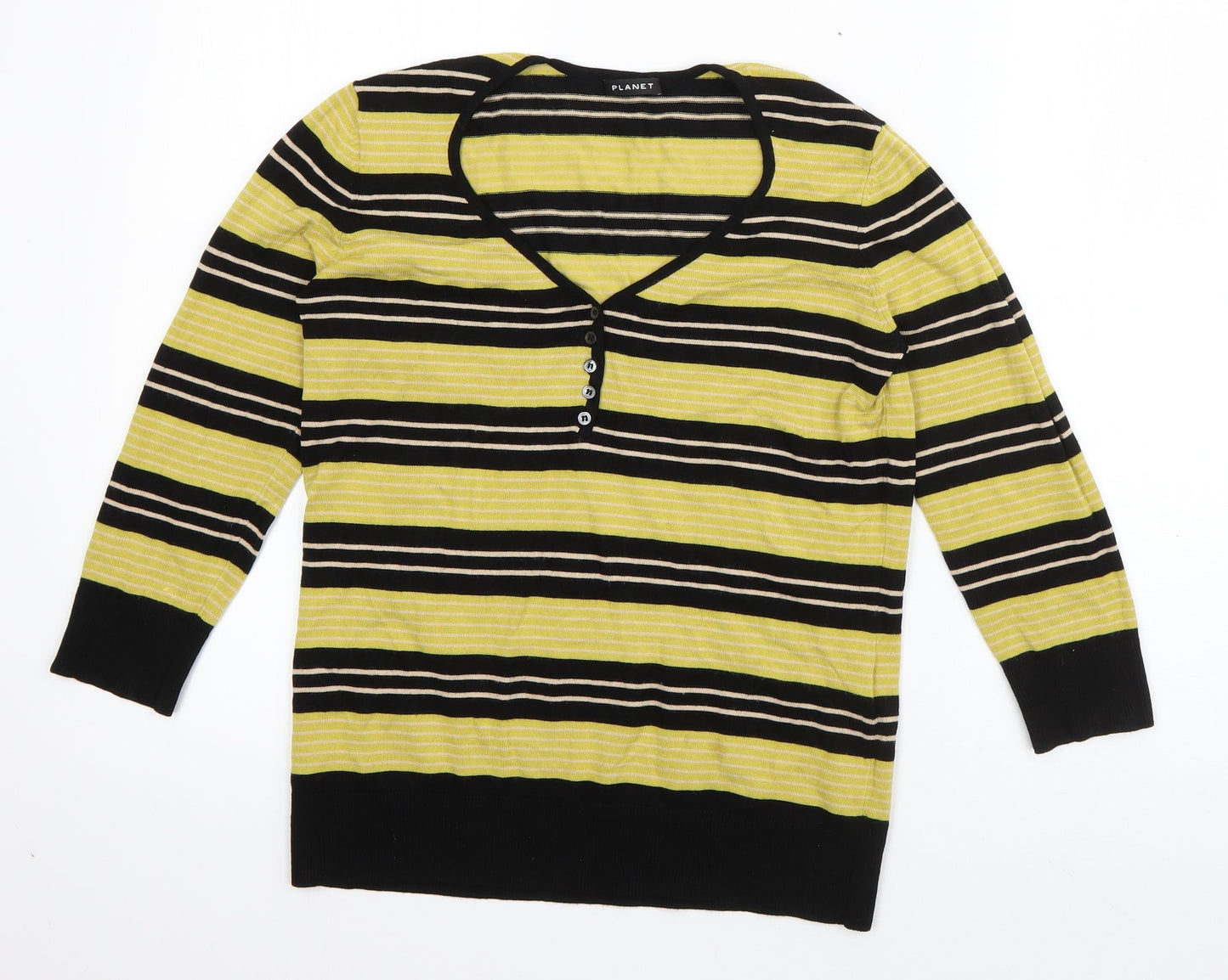 Planet  Womens Green Striped Viscose Basic T-Shirt Size S V-Neck