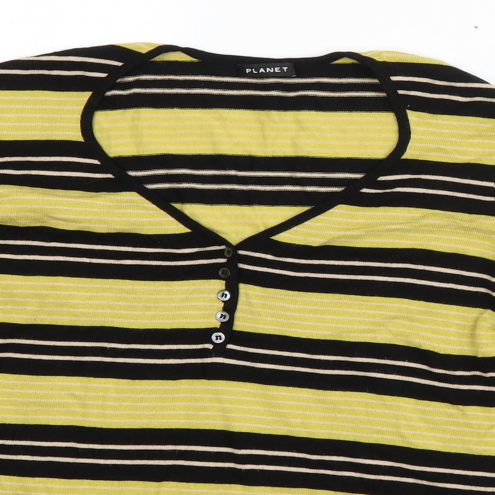 Planet  Womens Green Striped Viscose Basic T-Shirt Size S V-Neck