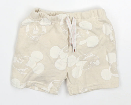 Primark Baby Beige  Cotton Sweatpants Trousers Size 9-12 Months  Drawstring - Mickey Mouse Sweat Shorts