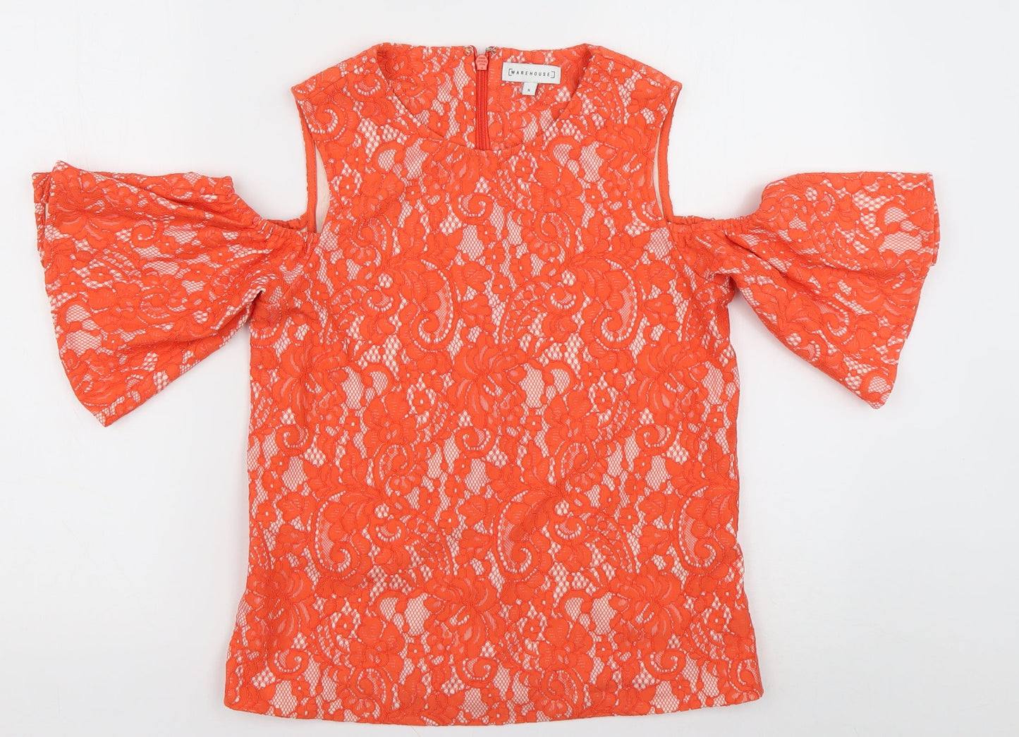 Warehouse Womens Orange Geometric Cotton Basic Blouse Size 8 Crew Neck - cold shoudler
