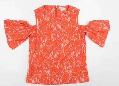 Warehouse Womens Orange Geometric Cotton Basic Blouse Size 8 Crew Neck - cold shoudler
