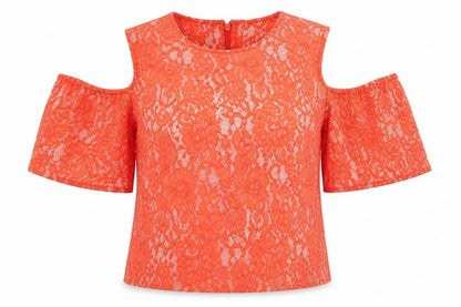 Warehouse Womens Orange Geometric Cotton Basic Blouse Size 8 Crew Neck - cold shoudler
