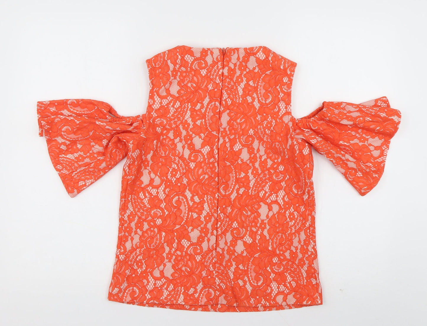 Warehouse Womens Orange Geometric Cotton Basic Blouse Size 8 Crew Neck - cold shoudler