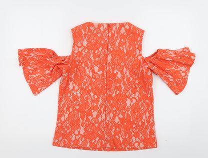 Warehouse Womens Orange Geometric Cotton Basic Blouse Size 8 Crew Neck - cold shoudler