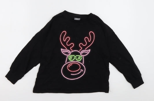NEXT Girls Black  Cotton Basic Casual Size 7 Years Crew Neck Pullover - Reindeer