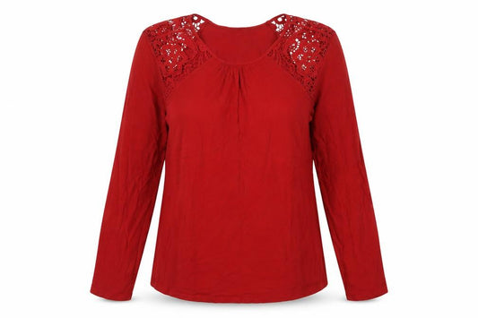 H&M Womens Red  Viscose Basic Blouse Size M Crew Neck - Lace Detail