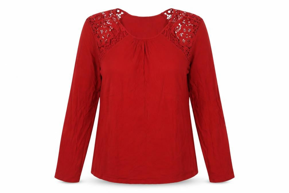 H&M Womens Red  Viscose Basic Blouse Size M Crew Neck - Lace Detail