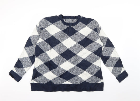 Marks and Spencer Womens Blue Crew Neck Check Acrylic Pullover Jumper Size L