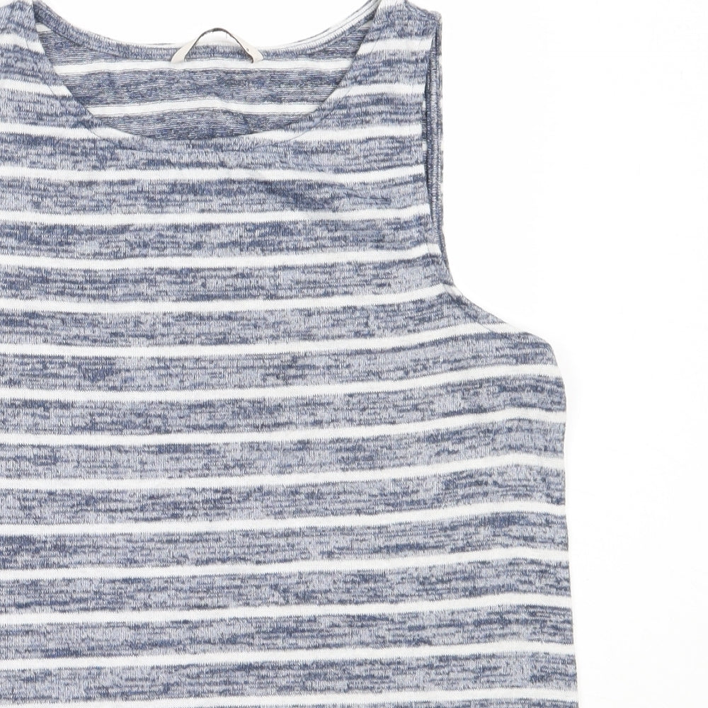 TU Womens Blue Striped Polyester Basic Tank Size 8 Round Neck