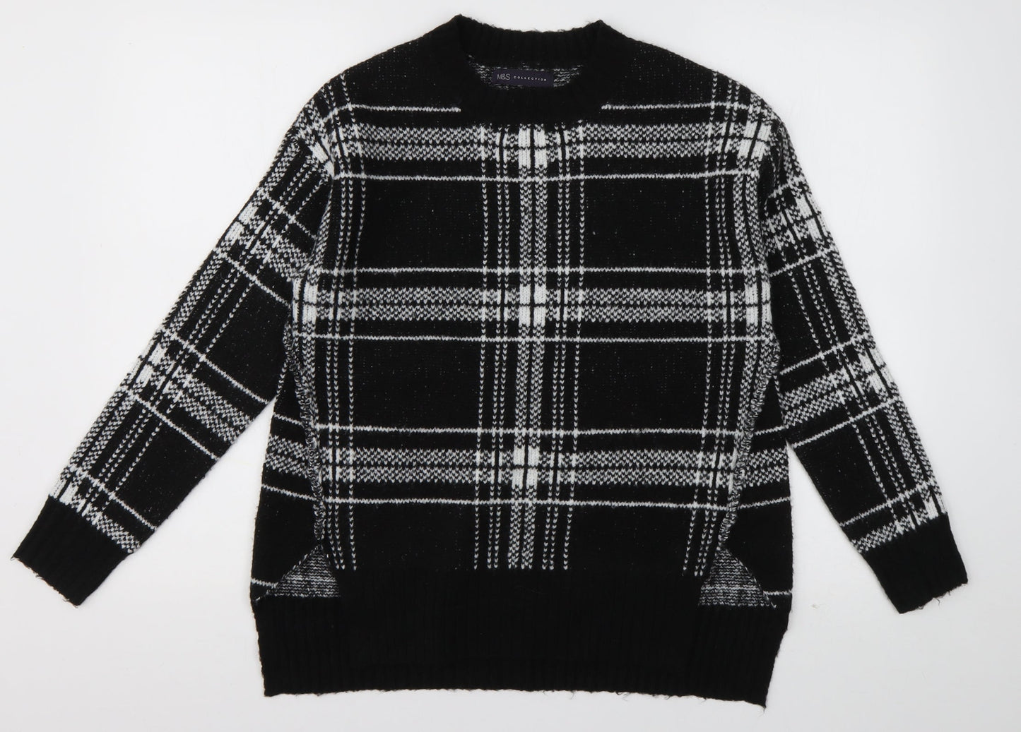 Marks and Spencer Womens Black Crew Neck Check Acrylic Pullover Jumper Size S
