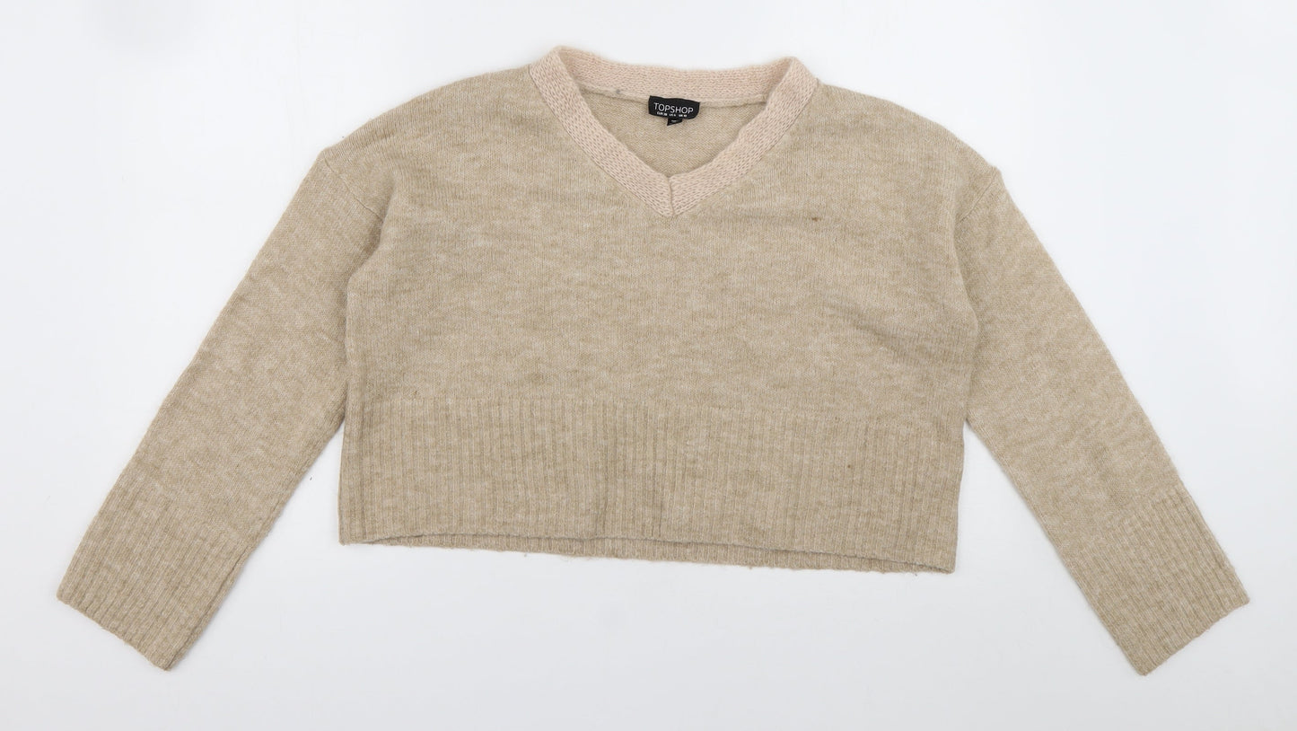 Topshop Womens Brown V-Neck  Acrylic Pullover Jumper Size 10