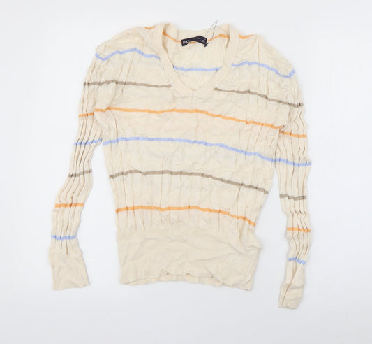 Marks and Spencer Womens Ivory Boat Neck Striped Cotton Pullover Jumper Size S