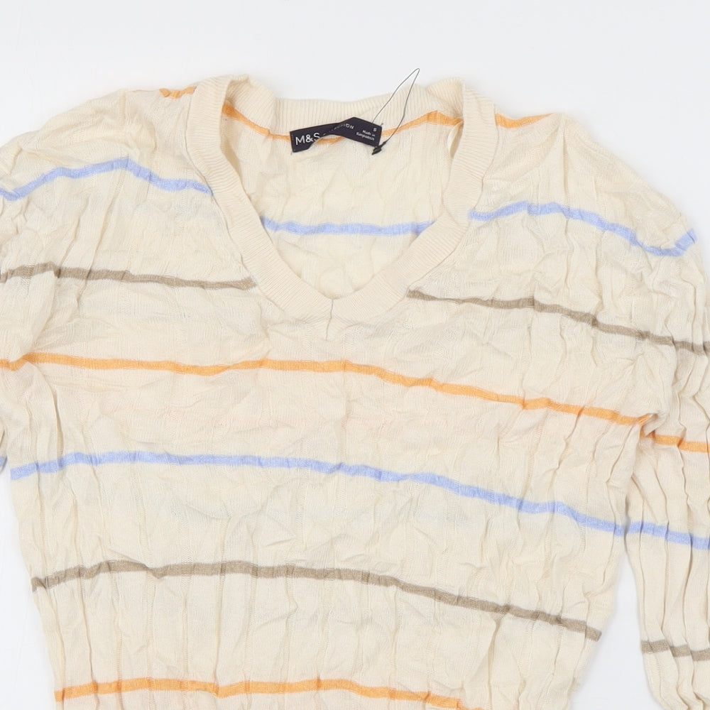Marks and Spencer Womens Ivory Boat Neck Striped Cotton Pullover Jumper Size S