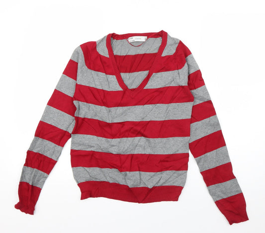 Zara Womens Red V-Neck Striped Cotton Pullover Jumper Size S