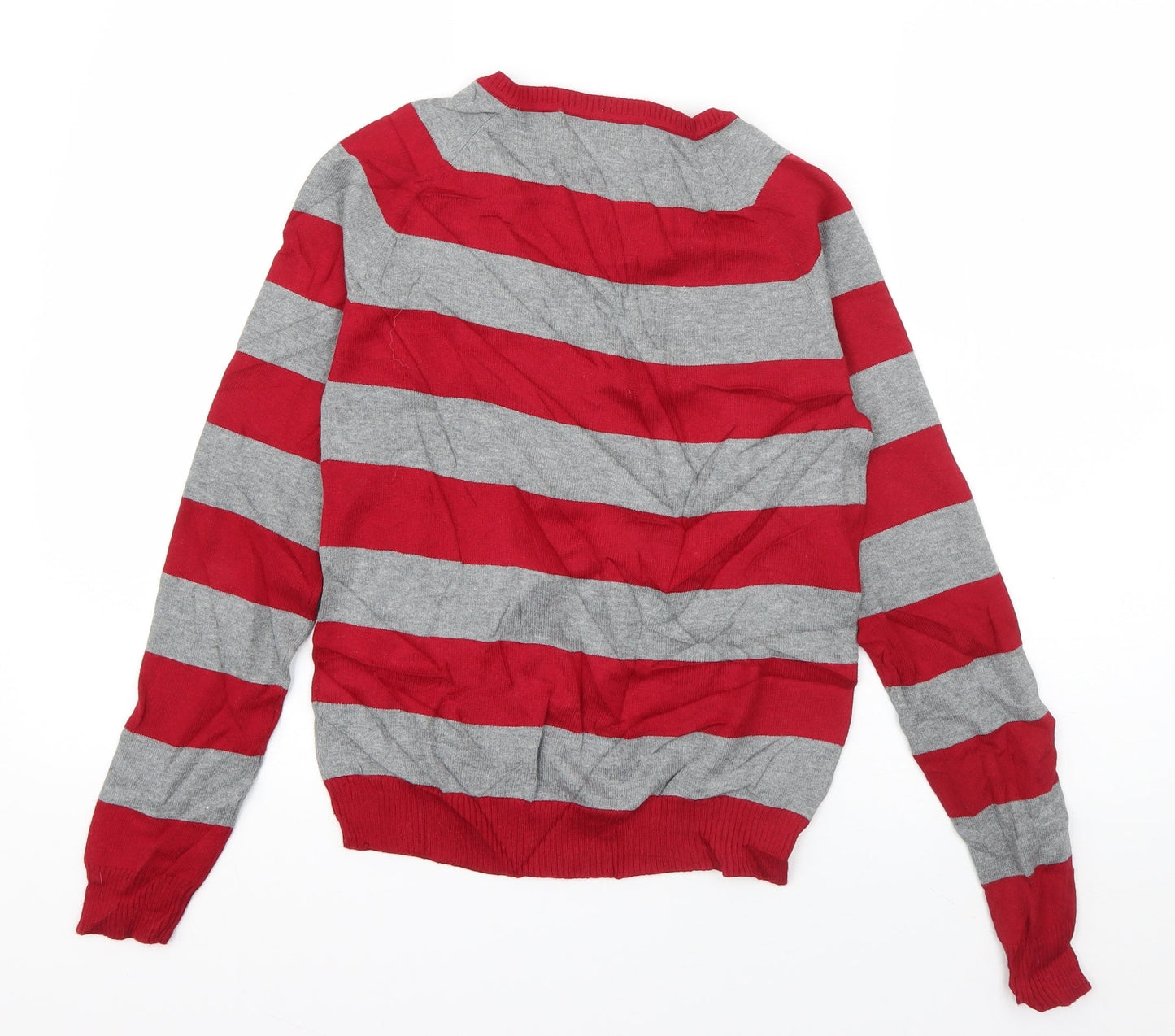 Zara Womens Red V-Neck Striped Cotton Pullover Jumper Size S
