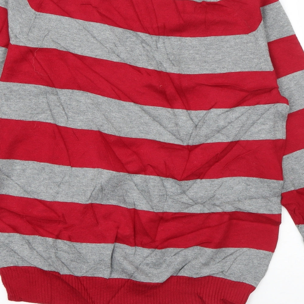 Zara Womens Red V-Neck Striped Cotton Pullover Jumper Size S