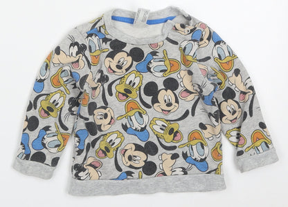 Preloved C&A Boys Grey  Cotton Basic T-Shirt Size 12 Months Crew Neck Pullover - Mickey Donald Goofy - Front