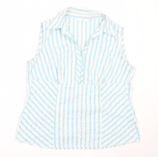 Marks and Spencer Womens Blue Striped Cotton Basic Button-Up Size 14 Collared