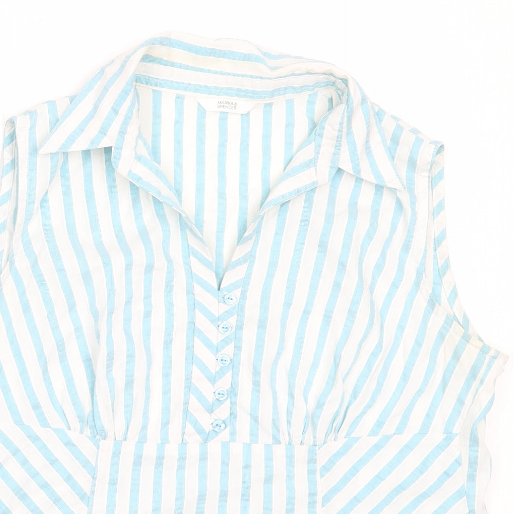 Marks and Spencer Womens Blue Striped Cotton Basic Button-Up Size 14 Collared