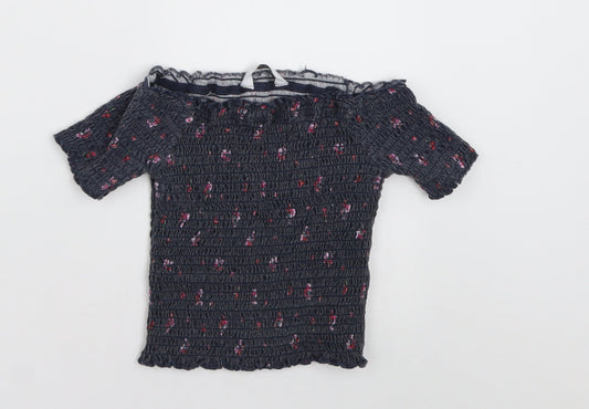 Primark Girls Grey Floral Cotton Tunic T-Shirt Size 7-8 Years Off the Shoulder Pullover