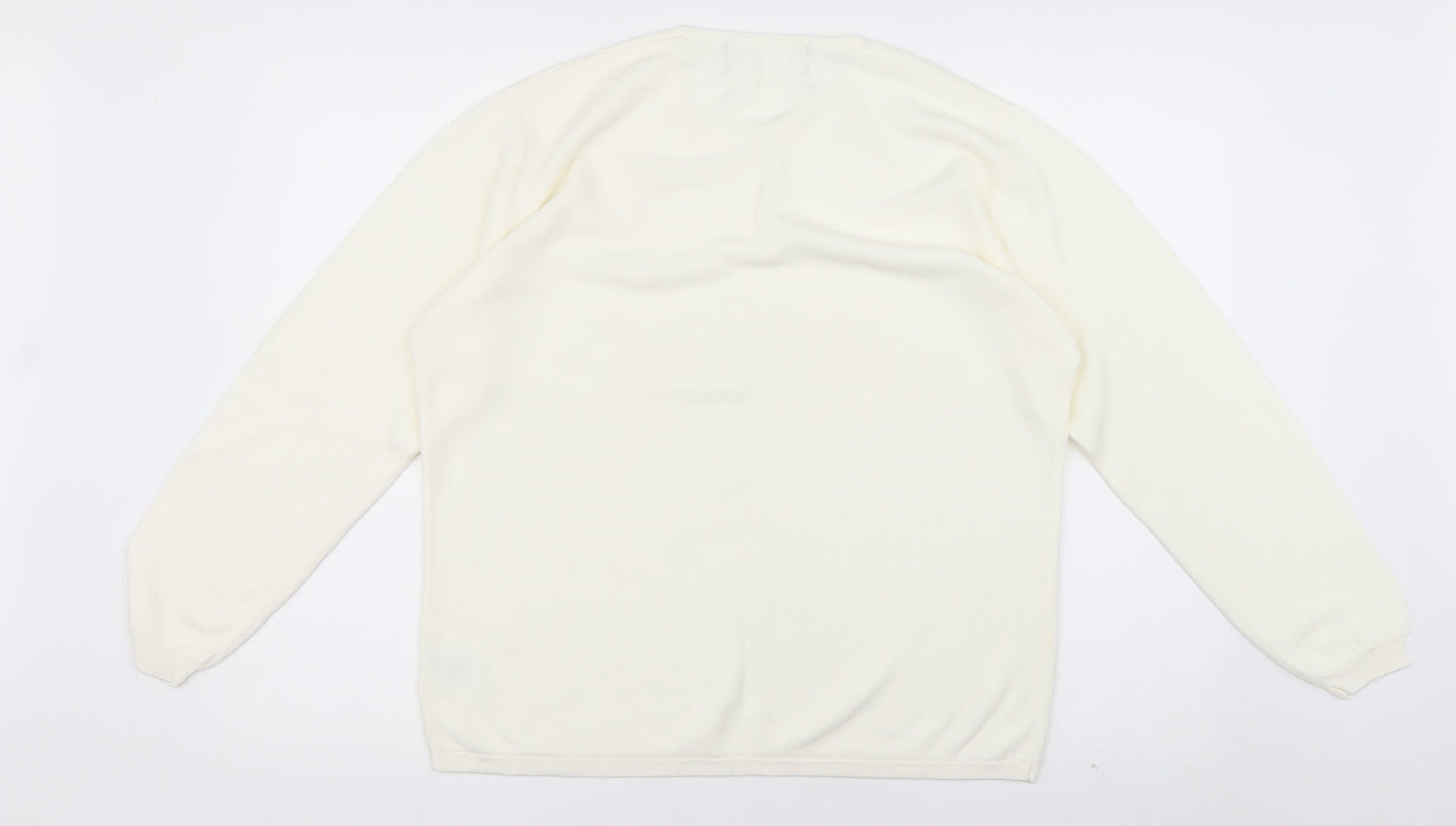 Preworn Womens White Crew Neck Floral Acrylic Pullover Jumper Size L