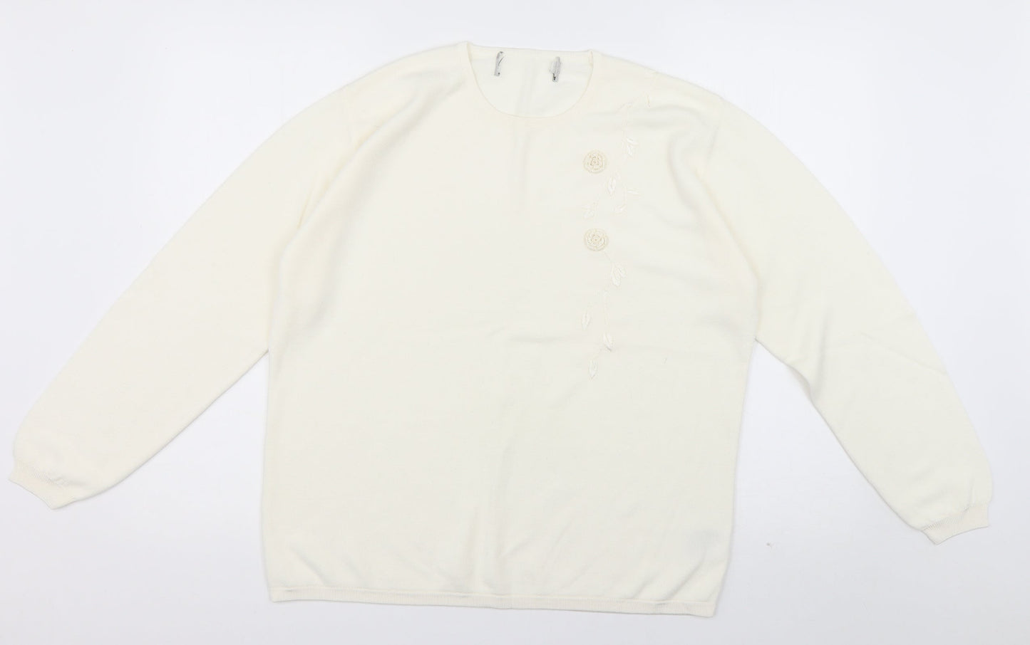 Preworn Womens White Crew Neck Floral Acrylic Pullover Jumper Size L