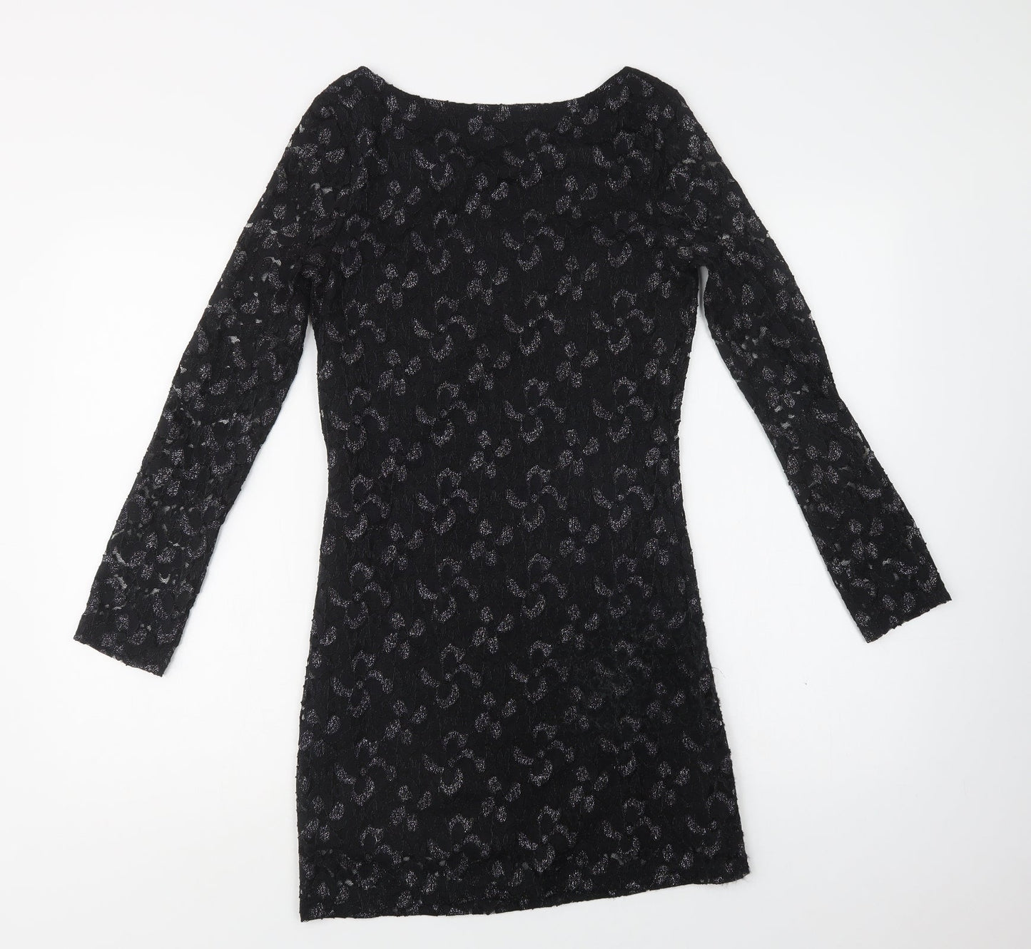 Mela Loves London Womens Black Floral Polyester Bodycon  Size 10  Round Neck  - Lace Overlay