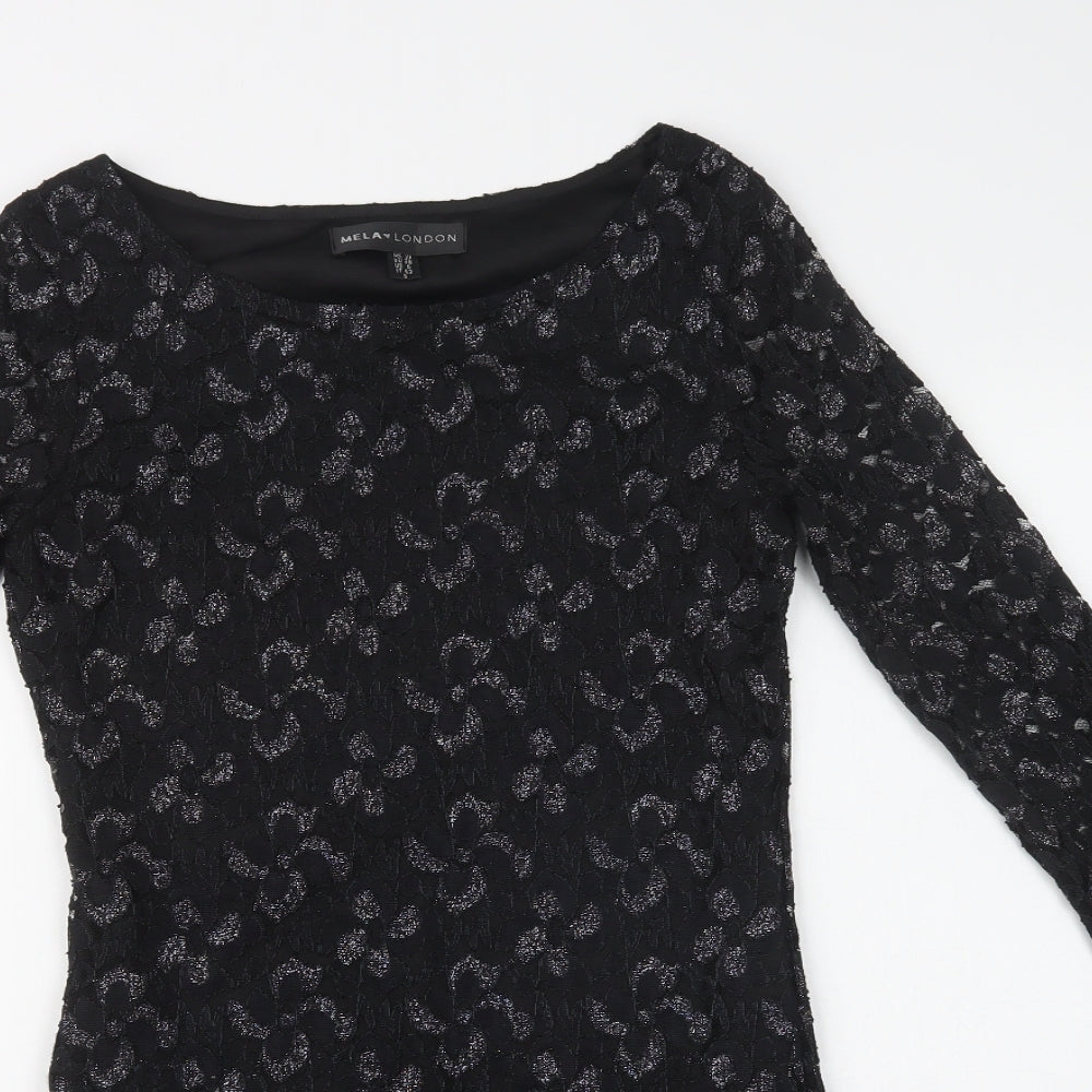 Mela Loves London Womens Black Floral Polyester Bodycon  Size 10  Round Neck  - Lace Overlay