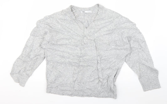 Zara Womens Grey V-Neck  Acrylic Pullover Jumper Size S