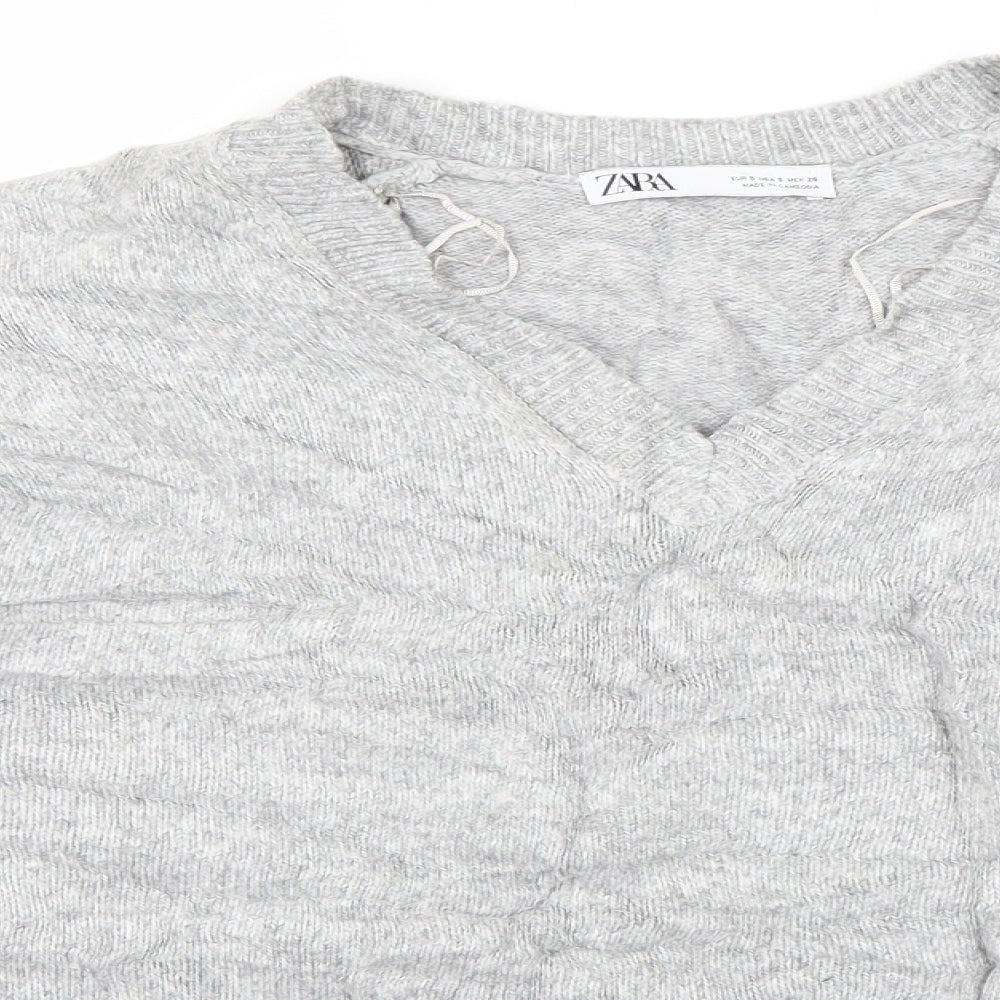 Zara Womens Grey V-Neck  Acrylic Pullover Jumper Size S
