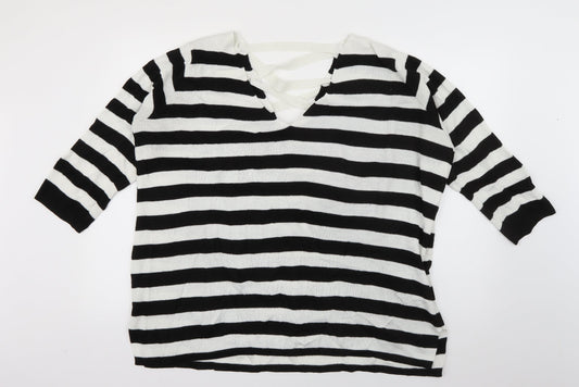 Amaryllis Womens White V-Neck Striped Acrylic Pullover Jumper Size 12