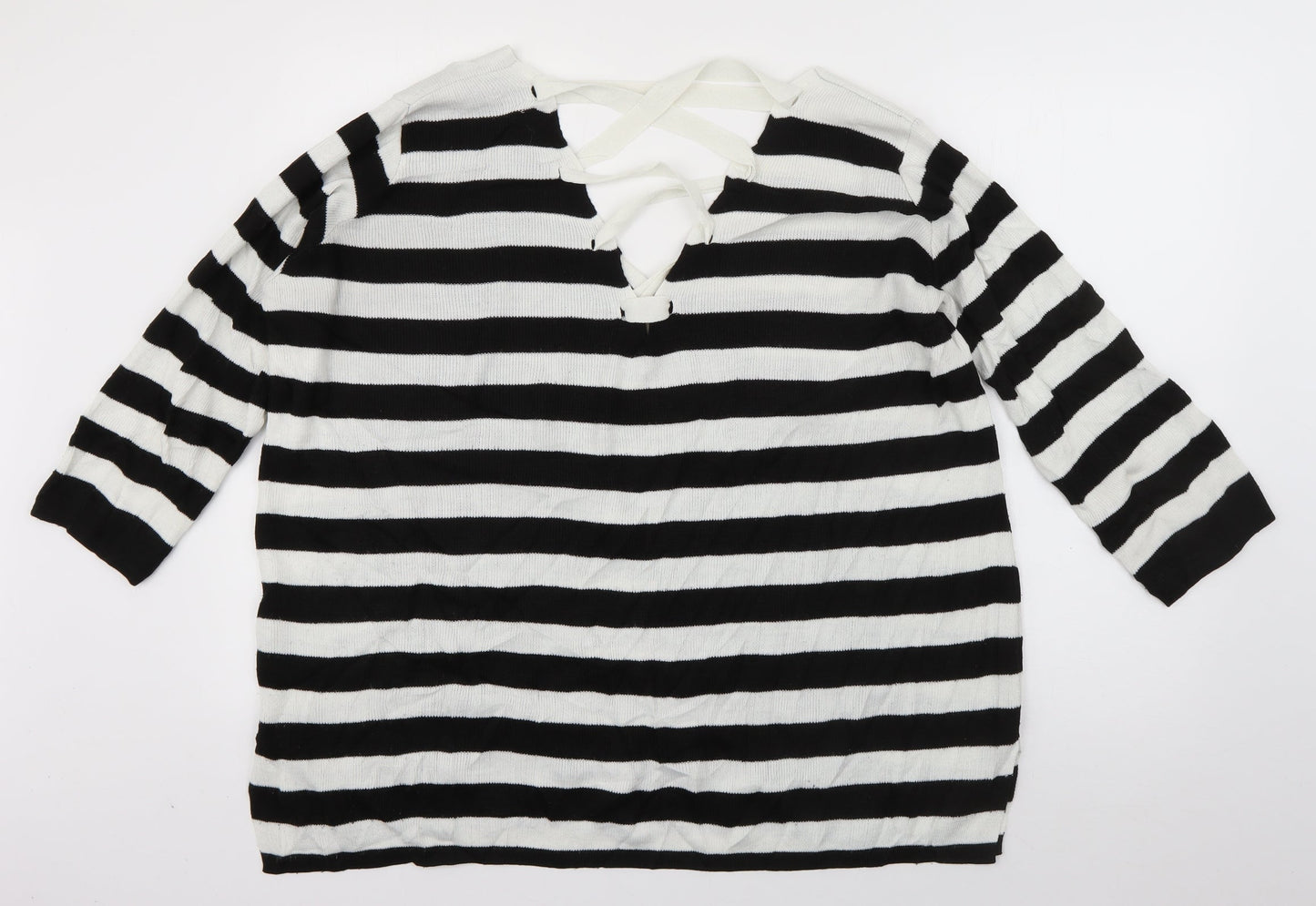 Amaryllis Womens White V-Neck Striped Acrylic Pullover Jumper Size 12