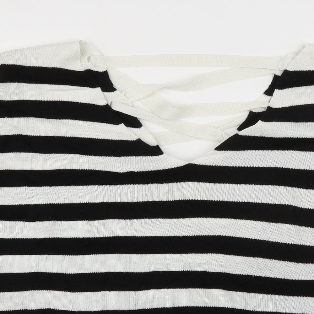 Amaryllis Womens White V-Neck Striped Acrylic Pullover Jumper Size 12